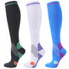 Three pairs of medical grade compression socks in black white and blue with patterned toes