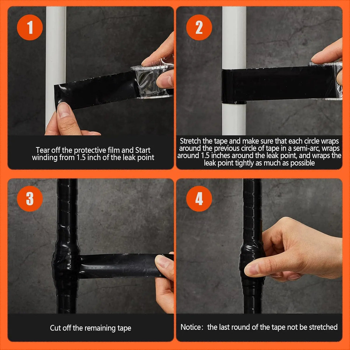 Four steps showing how to apply self-fusing silicone repair tape around a leak point.