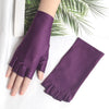 A pair of purple women's thin stretch elastane gloves displayed against a tropical leaf background.
