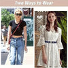 Two women modeling jeans and a white dress, showing different ways to wear an invisible stretch elastic belt.