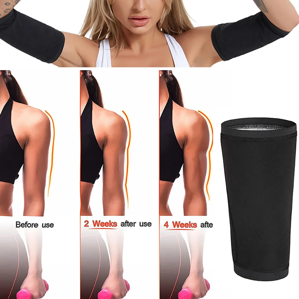 Demonstration of slimming arm shaper sleeves showing before and after results on the arm.