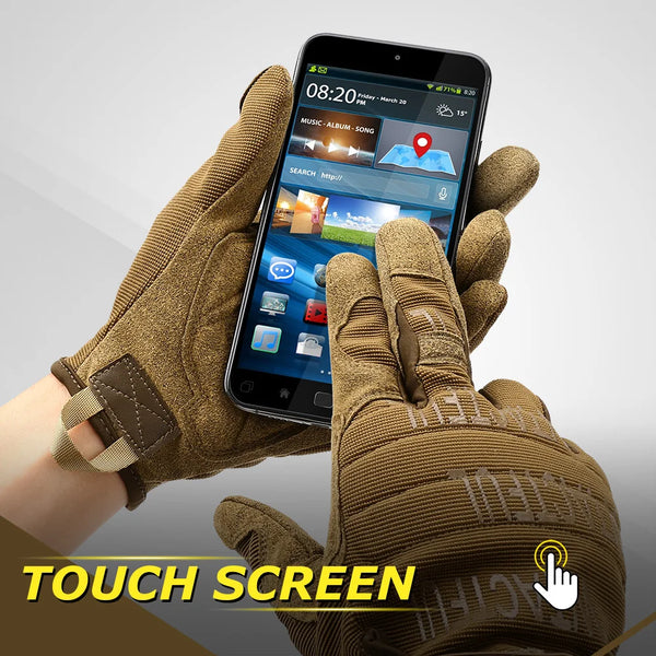 A hand wearing tactical brown gloves is holding a smartphone displaying a touch screen interface.