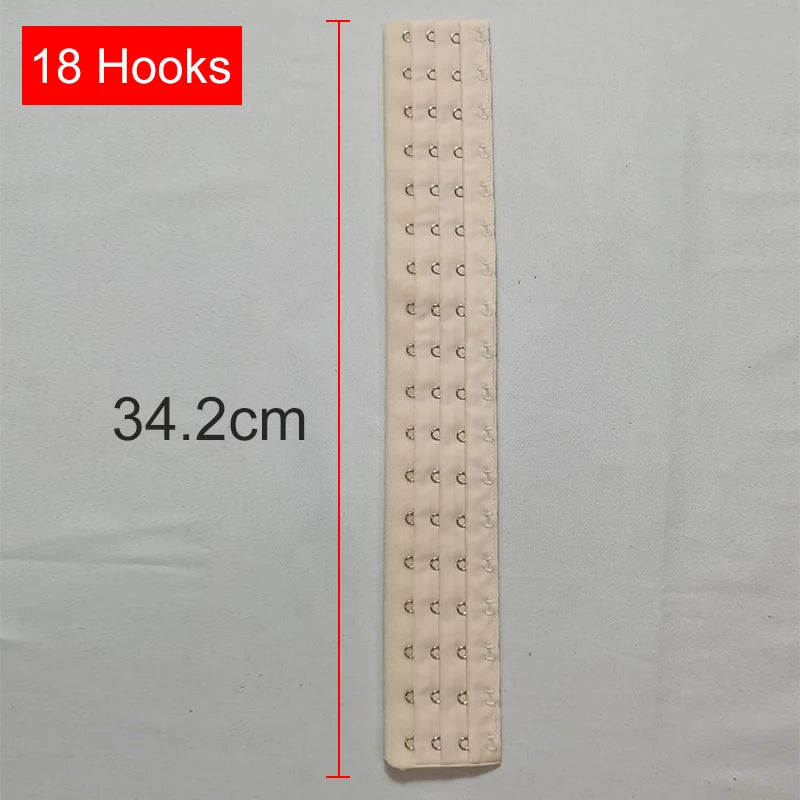 A long, light-colored fabric strip with eighteen hooks is shown next to a measurement scale.