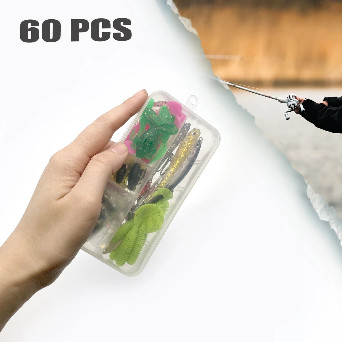A hand holds a clear plastic container filled with 60 pieces of fishing lures for freshwater and saltwater.
