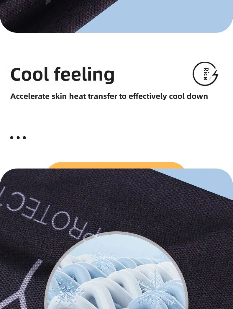 Close-up of a dark fabric arm sleeve with a circular graphic showing ice or cooling effect.