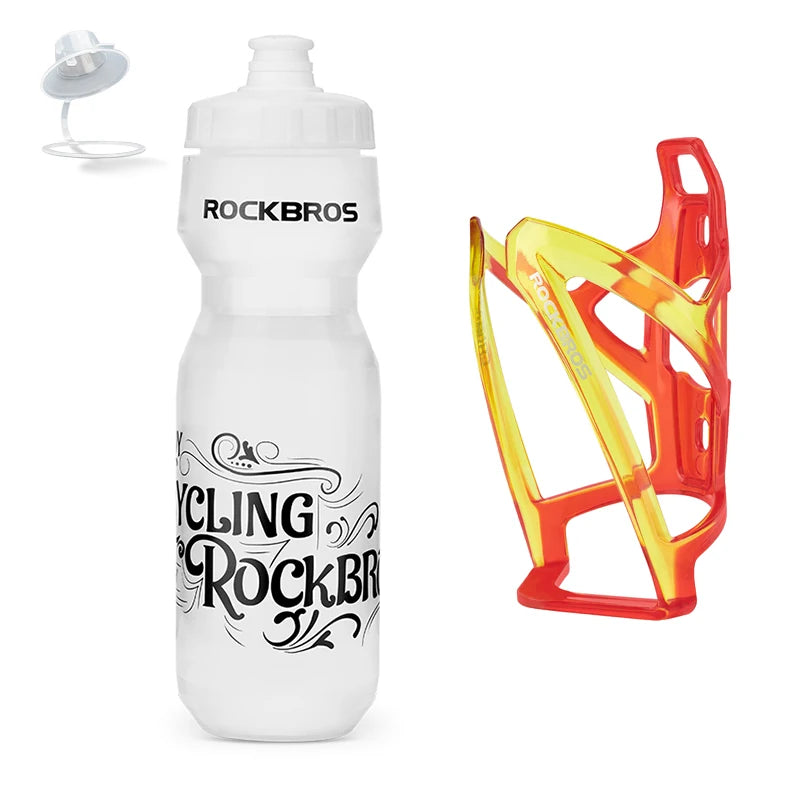 Une bouteille d'eau de vélo blanche avec un support en plastique orange est montrée à côté.