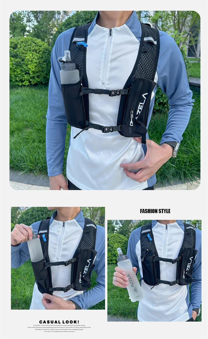 A black Zela backpack worn by a person, featuring a water bottle holder.