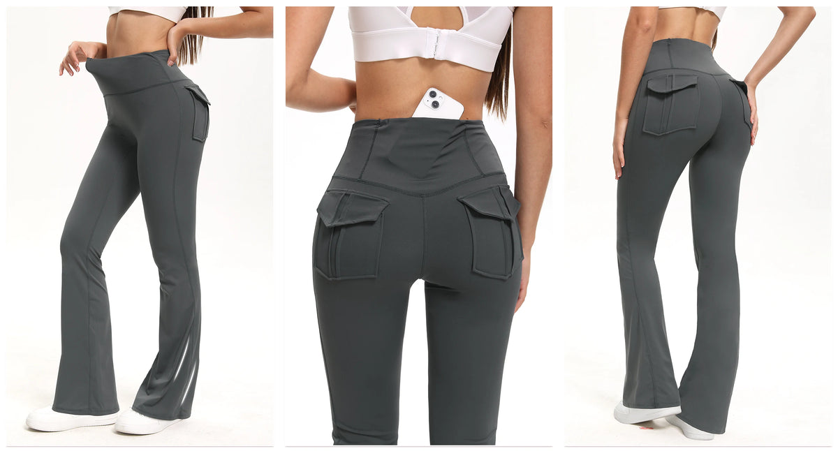 A woman models high-waisted gray flared yoga leggings with multiple pockets.