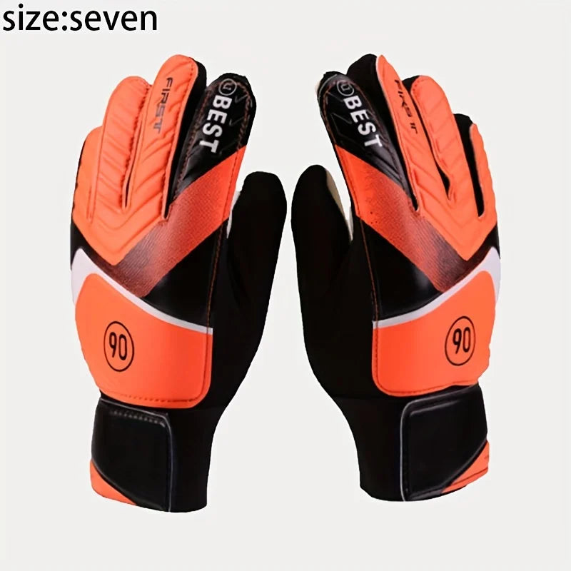 Pair of orange and black latex goalkeeper football gloves with BEST and FIRST branding