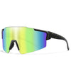 A pair of polarized cycling sunglasses with a multi-colored lens and black frame.