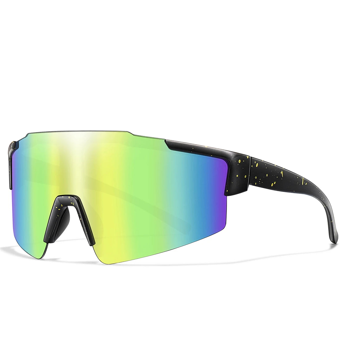 A pair of polarized cycling sunglasses with a multi-colored lens and black frame.