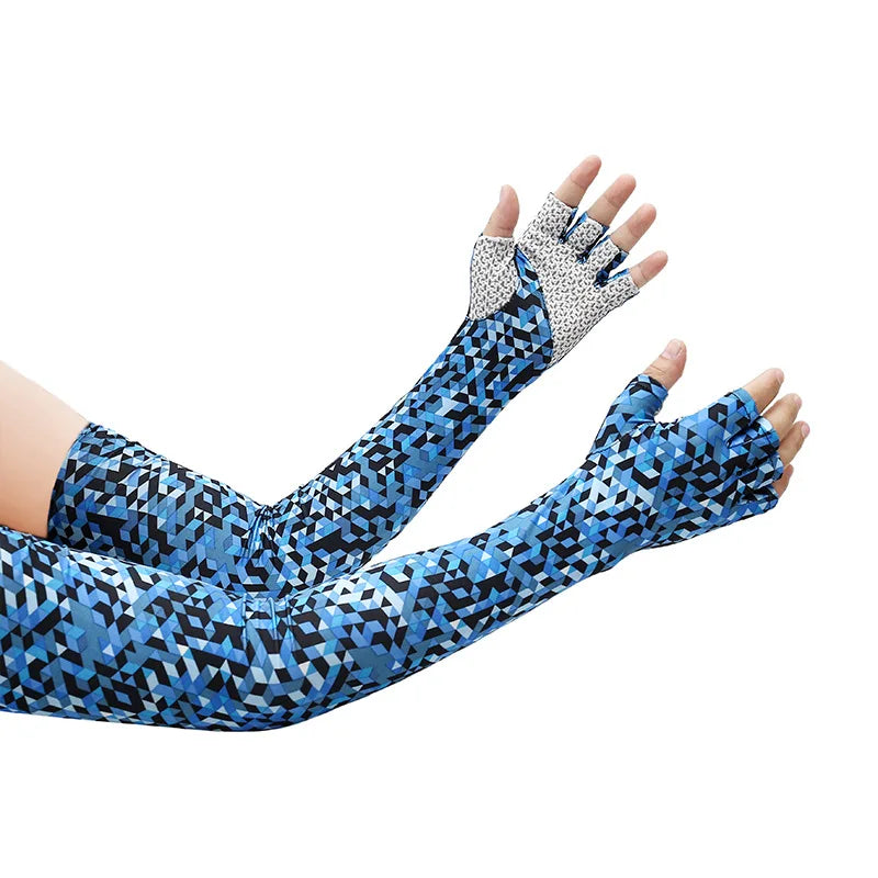 Blue and black patterned cooling sun protection arm sleeves worn on a hand and forearm.