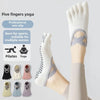 A pair of white five fingers yoga socks shown on a foot, with various colored options displayed below.