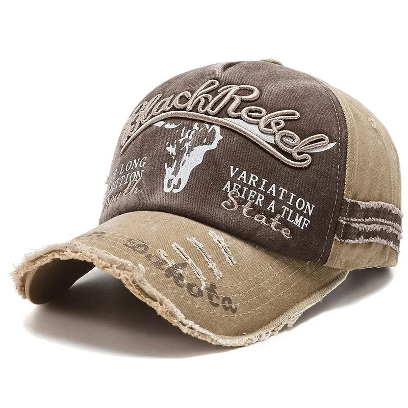 Vintage Washed Cotton Baseball Cap with Embroidered Cow Head
