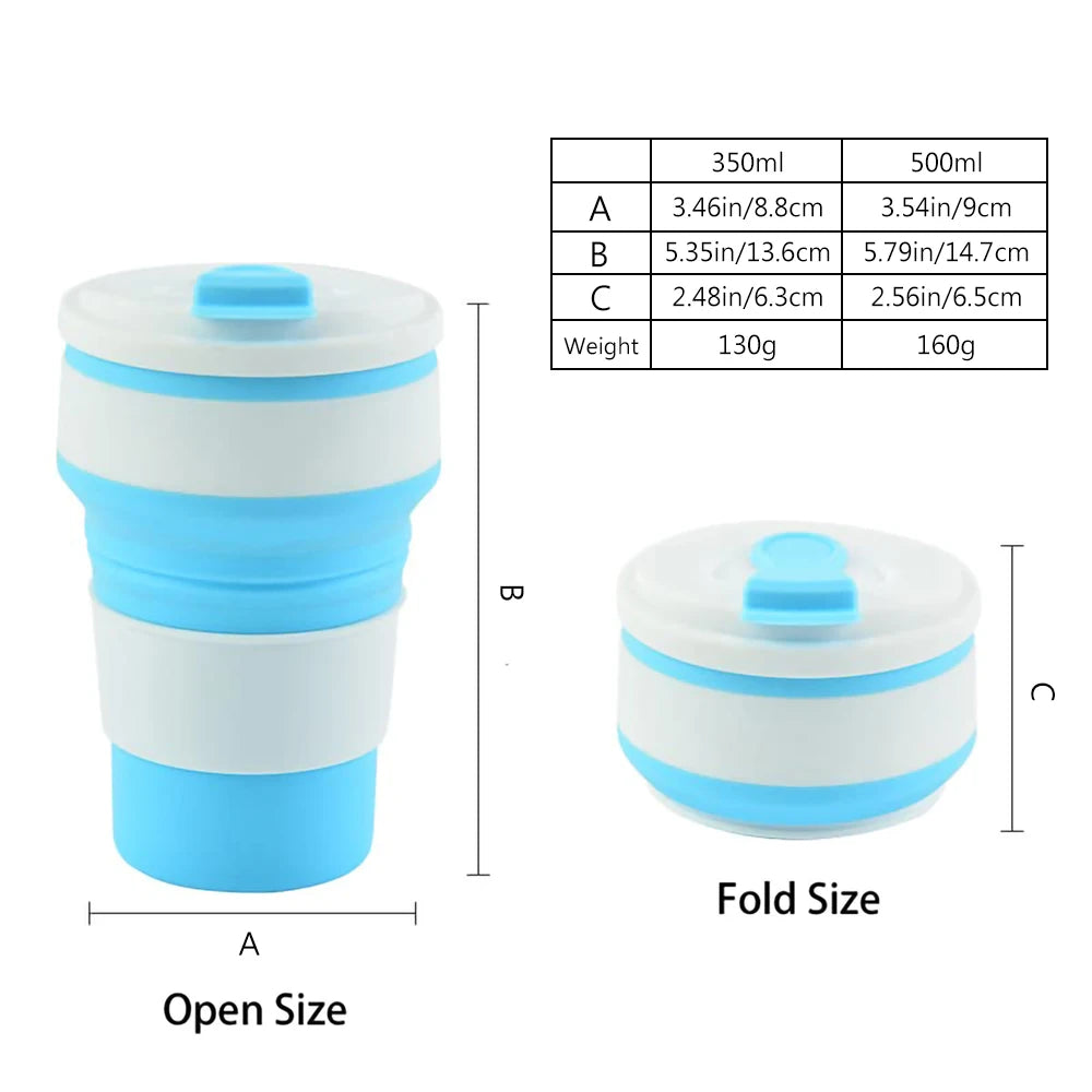 A set of reusable silicone collapsible coffee cups with lids shown in various sizes and dimensions.