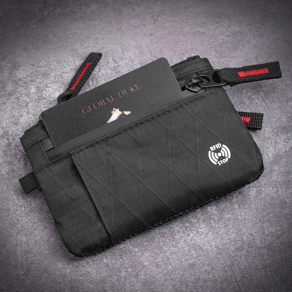 A black slim RFID blocking wallet with a zipper closure and strap is shown on a gray background.