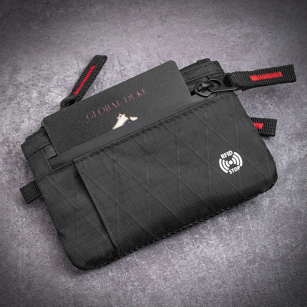A black slim RFID blocking wallet with a zipper closure and strap is shown on a gray background.