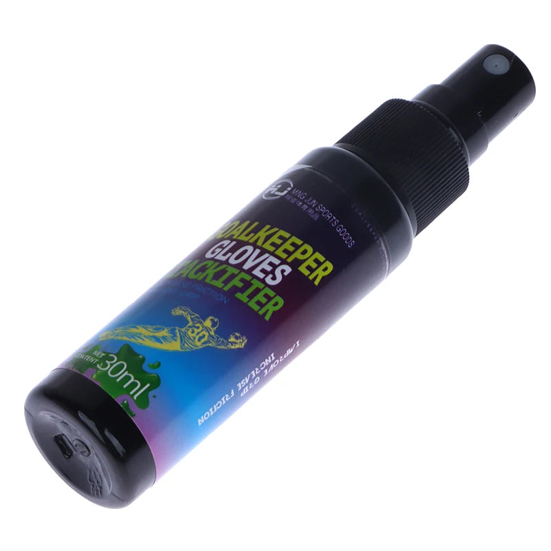 A black spray bottle of Goalkeeper Glove Grip Enhancer for improving grip on goalkeeper gloves.