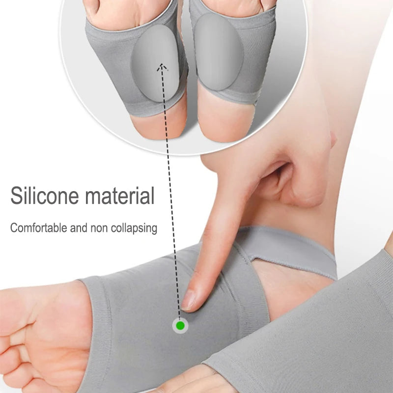 Close-up of a gray silicone arch support insole being placed on a foot to demonstrate comfort and non-collapsing features.
