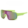 Lime green sports sunglasses with purple mirrored lenses for kids