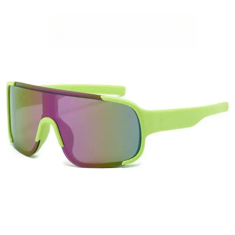 Lime green sports sunglasses with purple mirrored lenses for kids