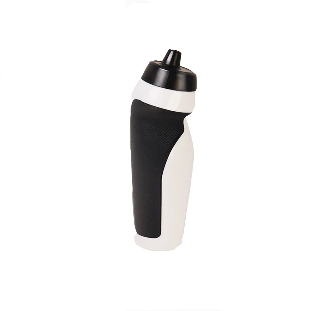 A black and white durable squeeze water bottle for cycling and sports.