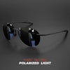 Black polarized light aviator sunglasses displayed against a dark gray background.