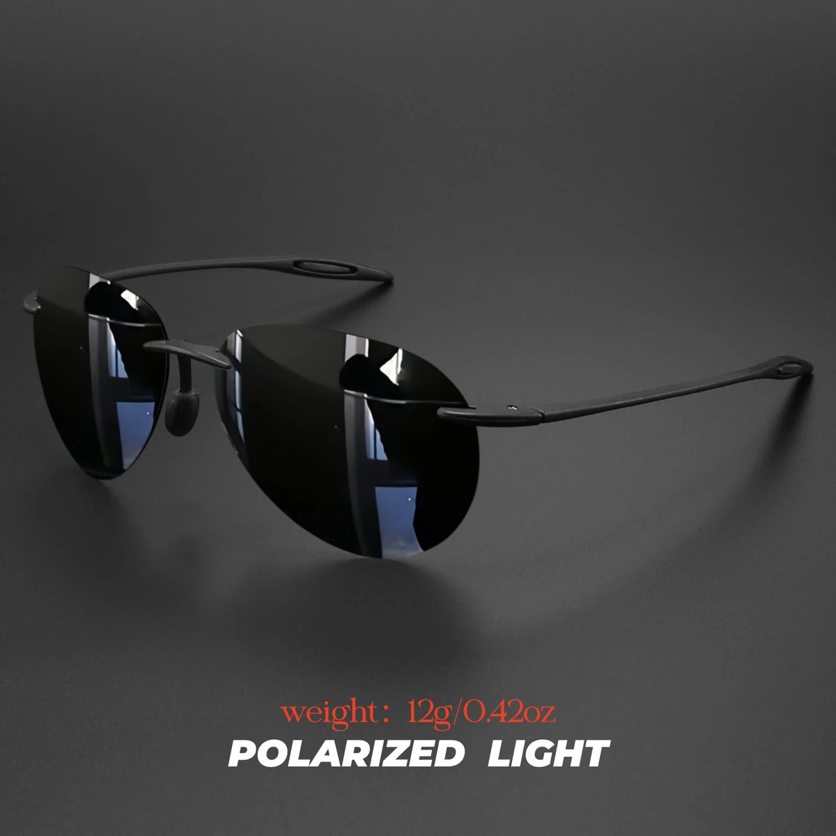 Black polarized light aviator sunglasses displayed against a dark gray background.