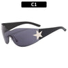 A pair of black sunglasses with a gradient lens and a gold star detail.