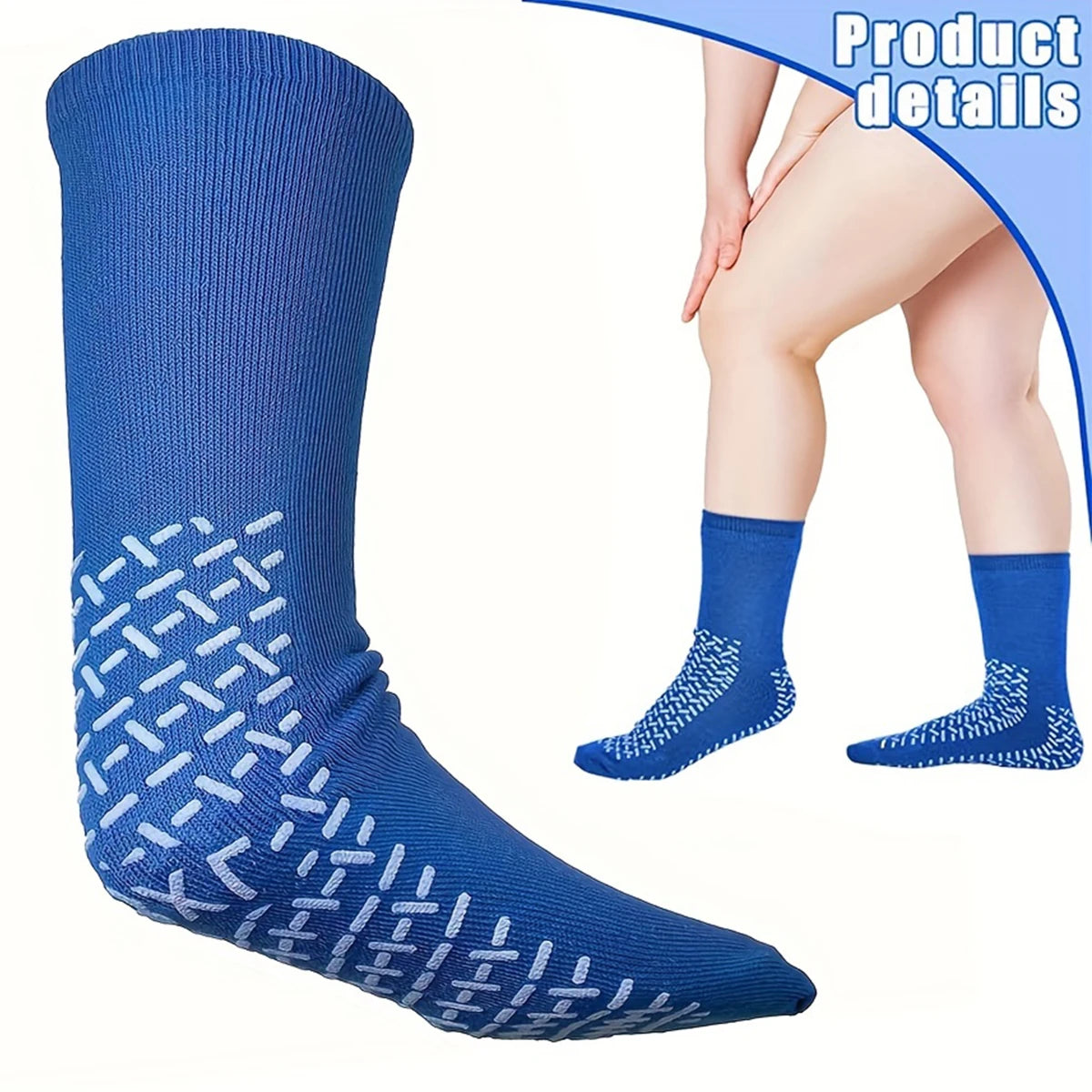 Un par de calcetines hospitalarios extra anchos y antideslizantes azul real mostrados en un pie y pierna.