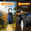 A camping lantern shows two charging methods: solar panel conversion and USB charging cable connection.