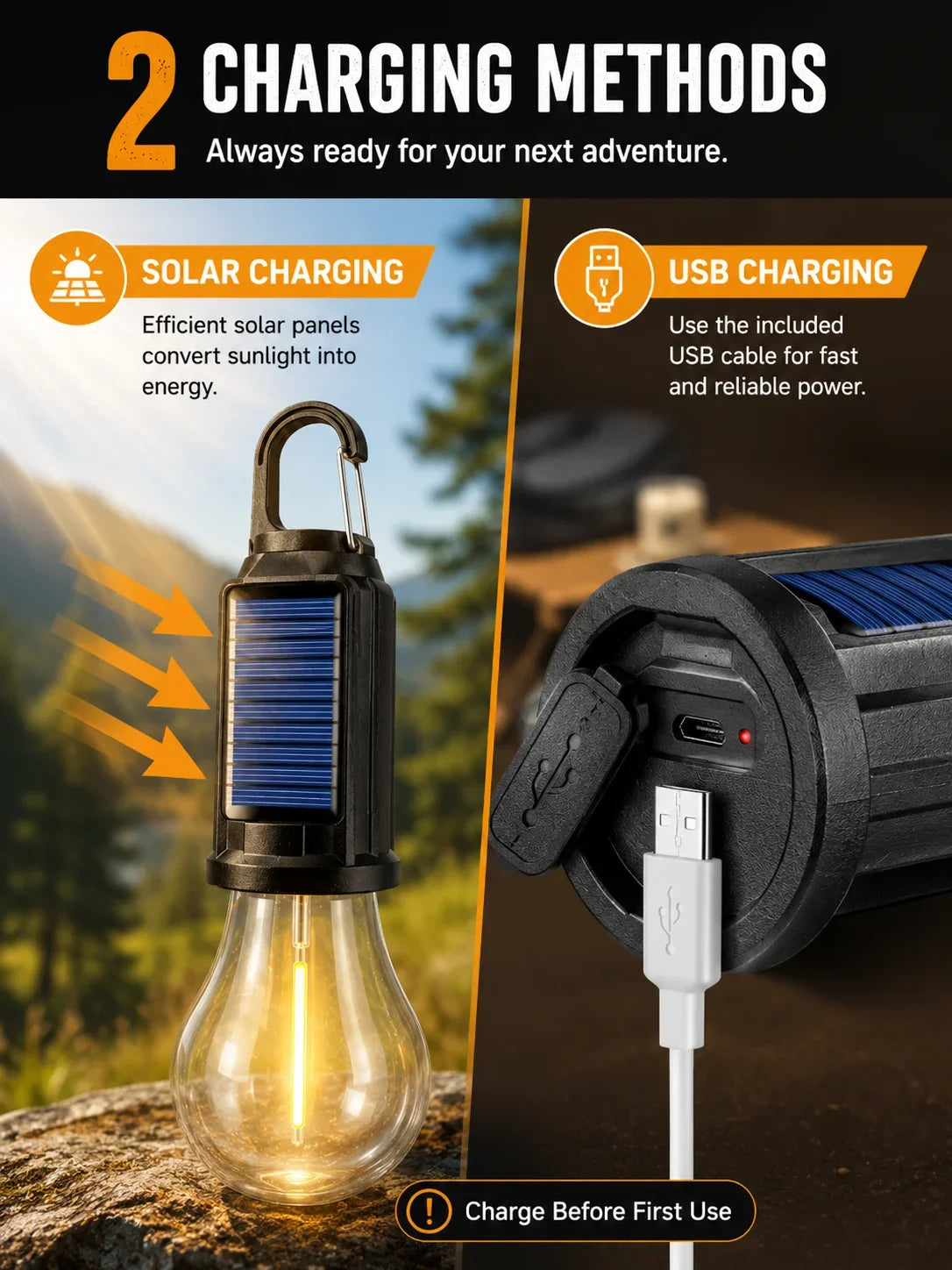 A camping lantern shows two charging methods: solar panel conversion and USB charging cable connection.