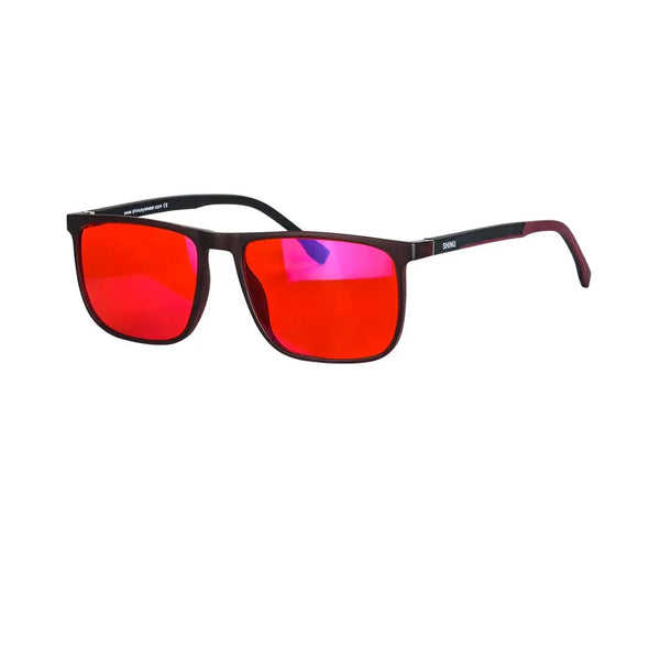 Paire de lunettes de blocage de lumière bleues avec des verres rouges vifs et des montures noires.