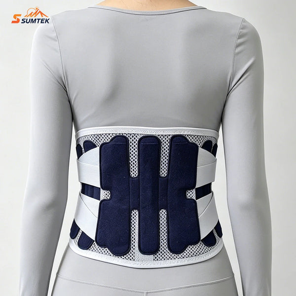 A close-up of a gray long-sleeved back brace with white and navy blue supportive panels for lumbar stabilization.