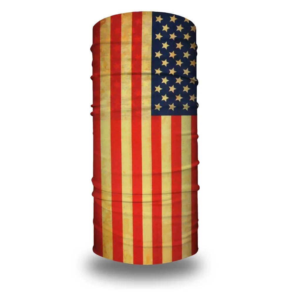A vertical tube bandana or head wrap featuring the design of the United States flag.
