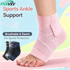 Pink breathable elastic sports ankle support compression brace worn on a foot