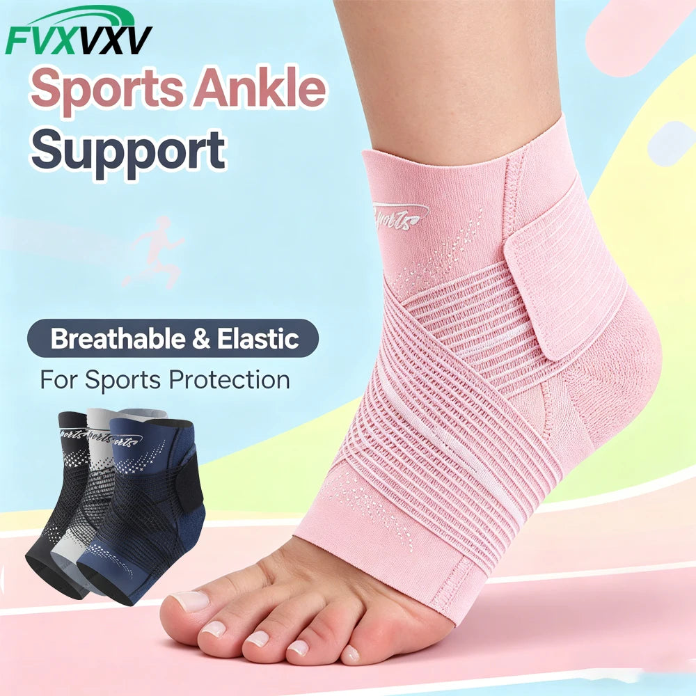 Pink breathable elastic sports ankle support compression brace worn on a foot