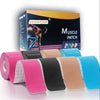 Rolls of Anampion muscle patches in various colors including pink, black, tan, and blue displayed in front of the product box
