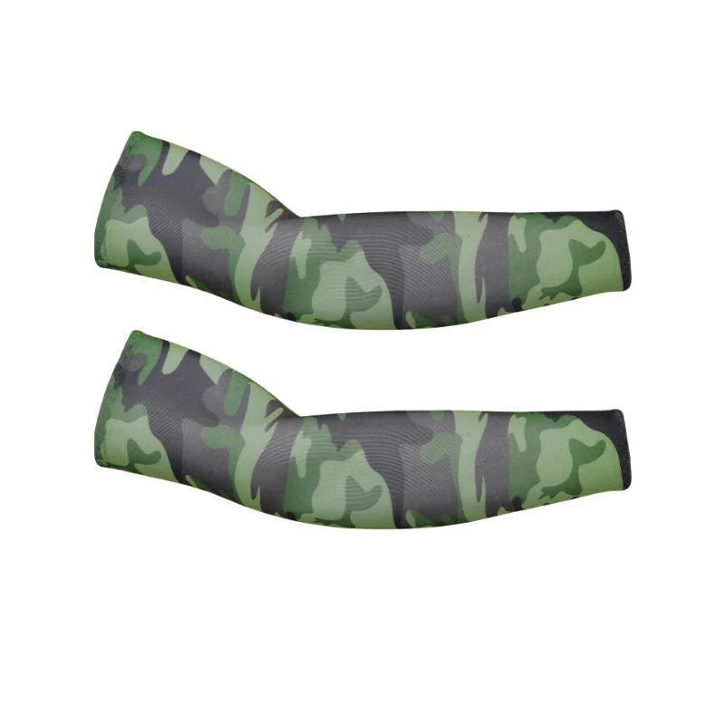 A pair of camouflage green and brown cooling arm sleeves for UV protection.