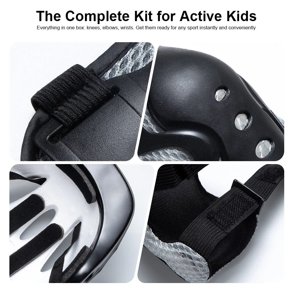 Set schwarze Schutzbekleidung für Kinder, einschließlich Helm, Knieschoner und Ellbogenschoner.