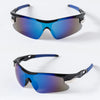 A pair of black sports sunglasses with blue mirrored lenses resting on a white background.