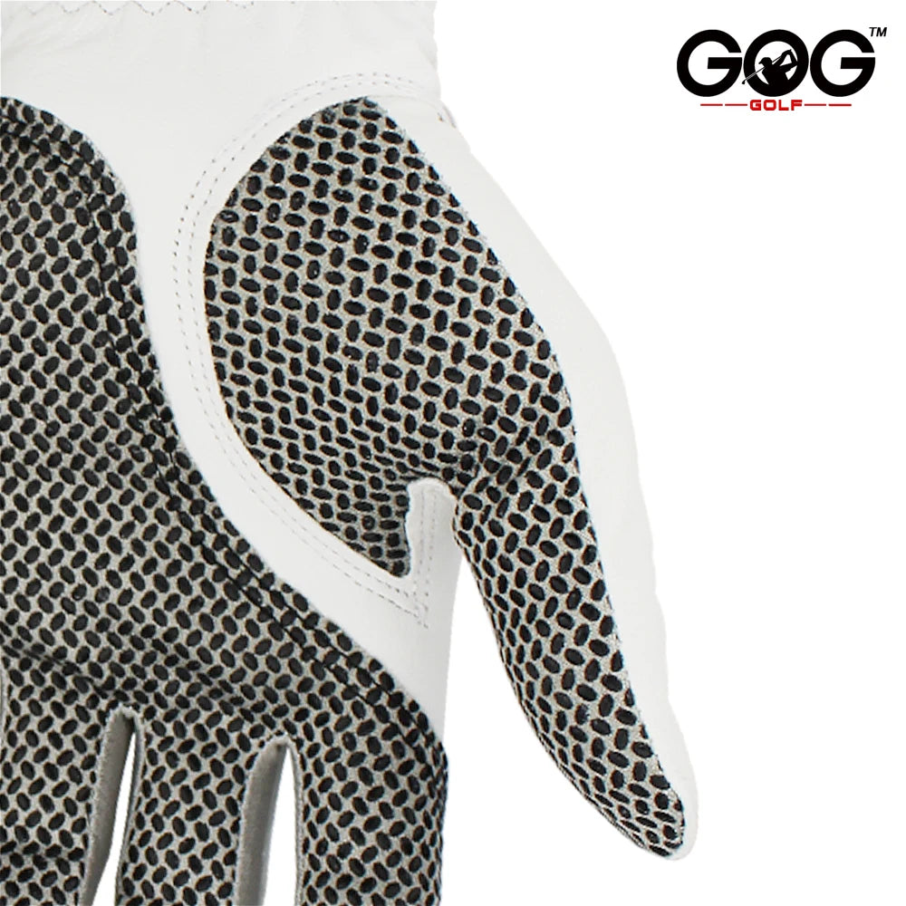 Gant de golf blanc avec paume et sangle en cuir noir à motif.