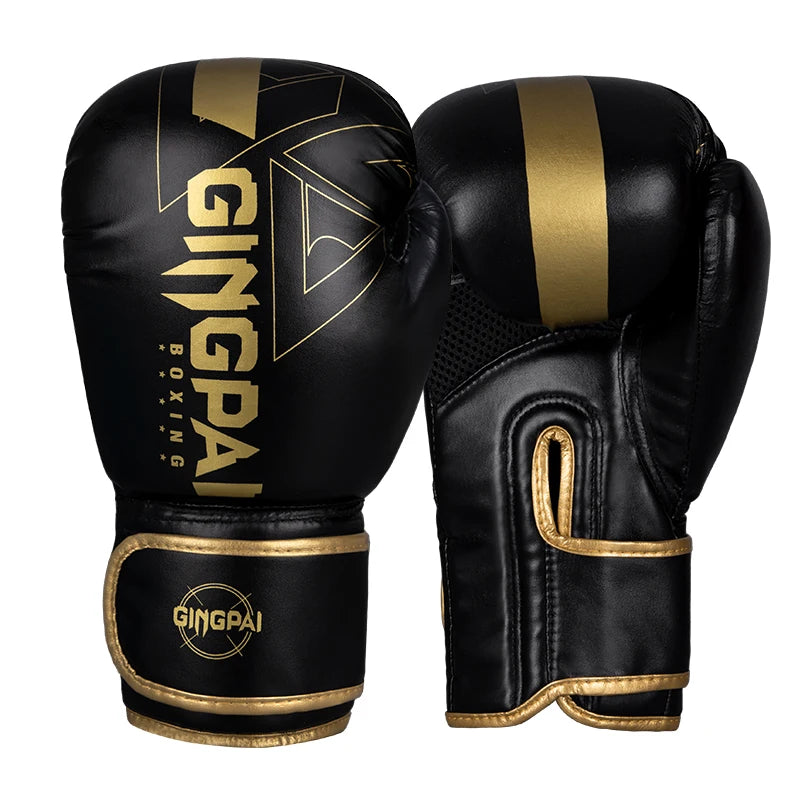 A pair of black boxing training gloves with gold accents and a textured surface.