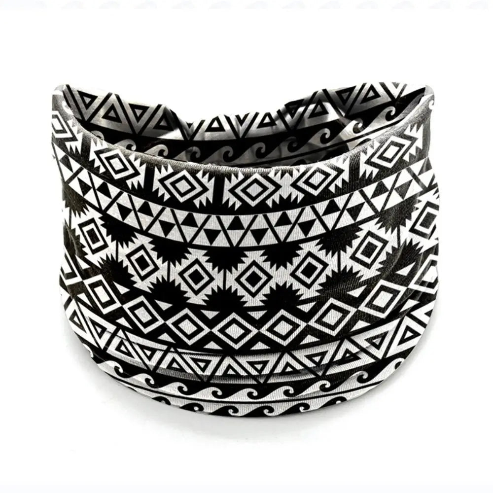 Diadema de yoga bohemia elástica con estampado blanco y negro