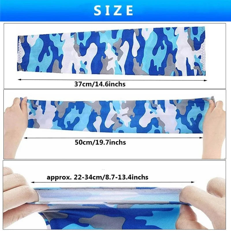 A close-up view of a camouflage patterned cooling arm sleeve being measured and shown on an arm.