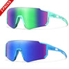 A pair of youth UV400 sunglasses with a square frame shown in two colors, green and blue.