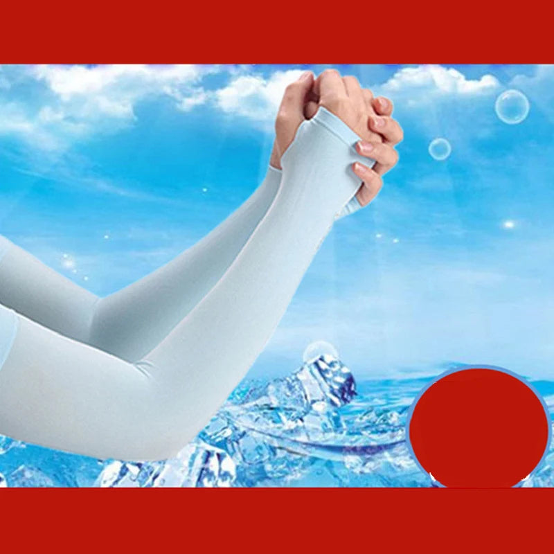 A person wearing white ice silk arm sleeves is shown against a bright blue sky with ice crystals and floating bubbles.