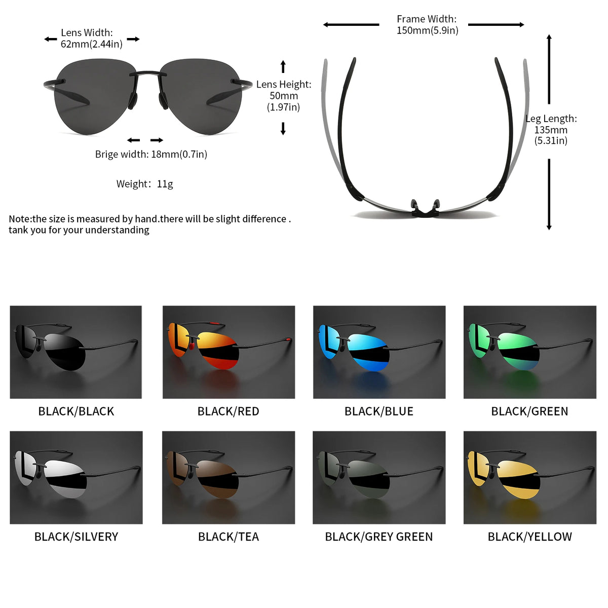 A collection of ultra-light polarized aviator sunglasses in various colors including black, red, blue, green, silvery, tea, g