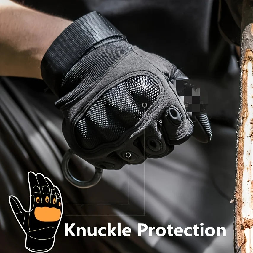 Close-up of black tactical gloves protecting the knuckles, shown on a hand against a wooden background.
