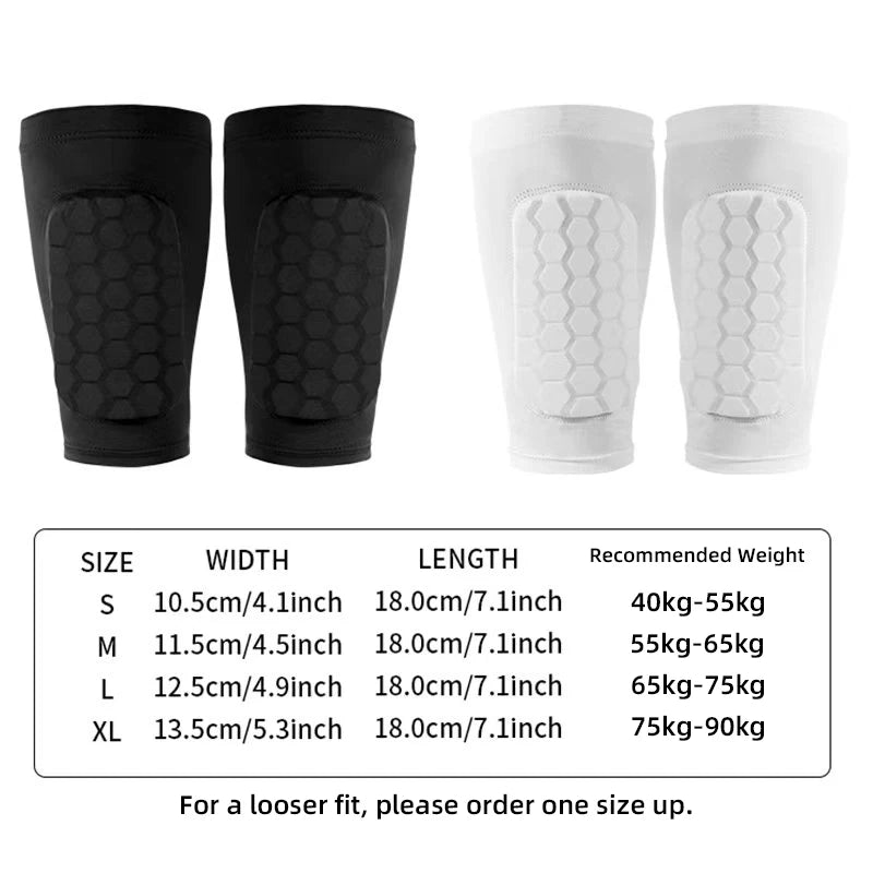 Black and white honeycomb shin guards for football training in various sizes S to XL